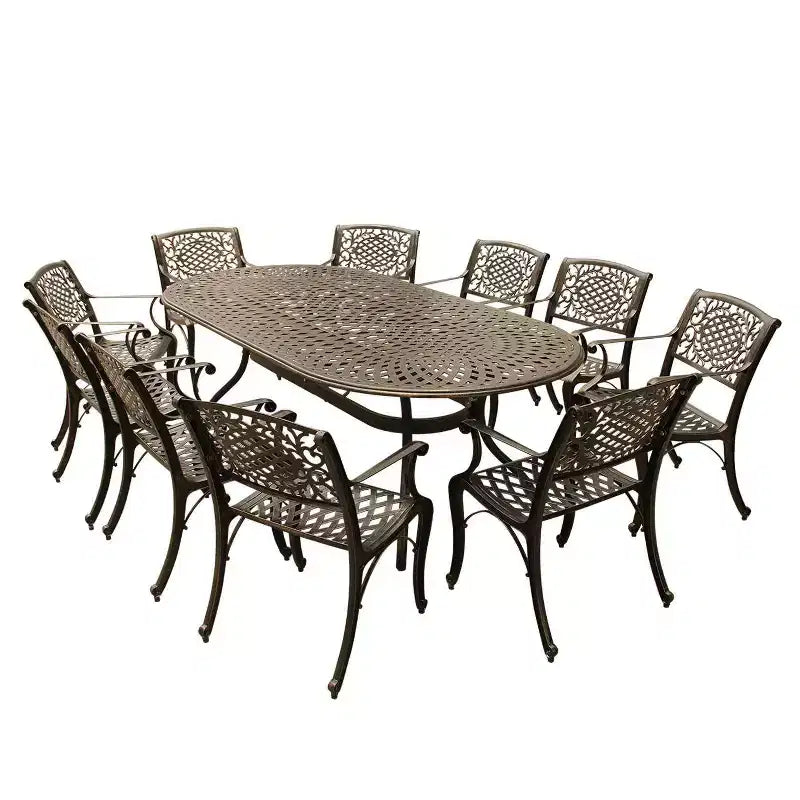 11pc Patio Dining Set with 95" Contemporary Modern Ornate Mesh Lattice Aluminum Oval Dining Table - Bronze - Oakland Living: UV-Resistant