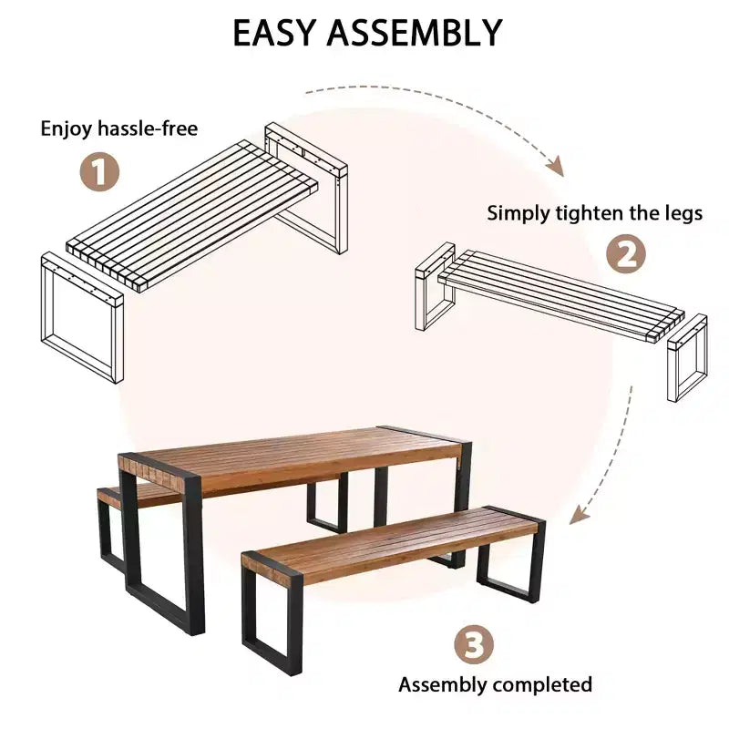 Ensemble de salle à manger 3 pièces pour terrasse, table de salle à manger extérieure avec 2 bancs, plateau en bois d'acacia et cadre en acier, tout temps, extérieur et intérieur, naturel - ModernLuxe