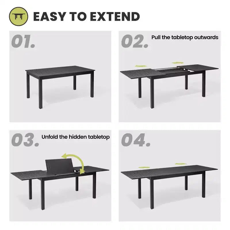 Crestlive Products Ensemble de salle à manger d'extérieur 9 pièces en aluminium, table de 240 cm et 8 chaises, plateau en aluminium, noir pour piscine et pelouse