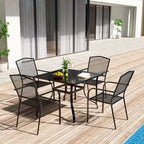 CLIHOME Ensemble de salle à manger d'extérieur 5 pièces, avec table carrée avec trou pour parasol et chaises en maille