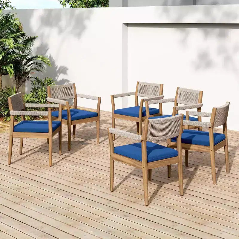 NAYSAYE Ensembles de Repas de Jardin Chaises de Salle à Manger Tressées en Bois d'Acacia avec Coussins et Accoudoirs pour Jardin, Piscine, Bleu Marine et Beige, 23.25*21.5*32.25