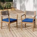 NAYSAYE Ensembles de Repas de Jardin Chaises de Salle à Manger Tressées en Bois d'Acacia avec Coussins et Accoudoirs pour Jardin, Piscine, Bleu Marine et Beige, 23.25*21.5*32.25