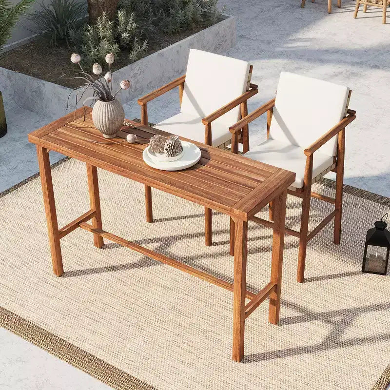 3-Piece Outdoor Counter Height Bar Dining Sets, Acacia Wood Patio Table & 2 Cushioned Stools for Backyard, Poolside, Balcony-Panipeachy