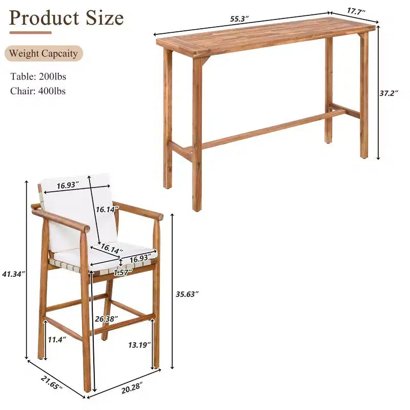 Ensemble de 3 meubles de bar de jardin à hauteur de comptoir, table de patio en bois d'acacia et 2 tabourets rembourrés pour jardin, piscine, balcon-Panipeachy