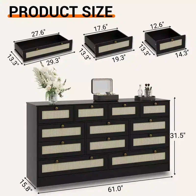 Modern 12 Drawer Sturdy Wood Dresser, TV Stand for 65 TV, Large Storage Cabinet, for Living Room, Hallway