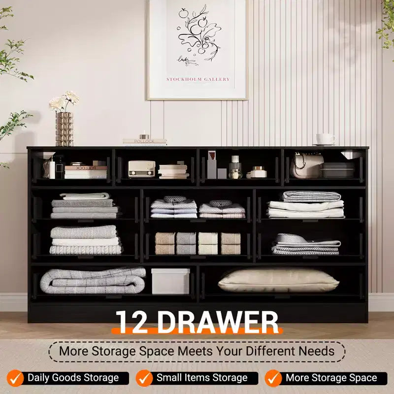 Modern 12 Drawer Sturdy Wood Dresser, TV Stand for 65 TV, Large Storage Cabinet, for Living Room, Hallway