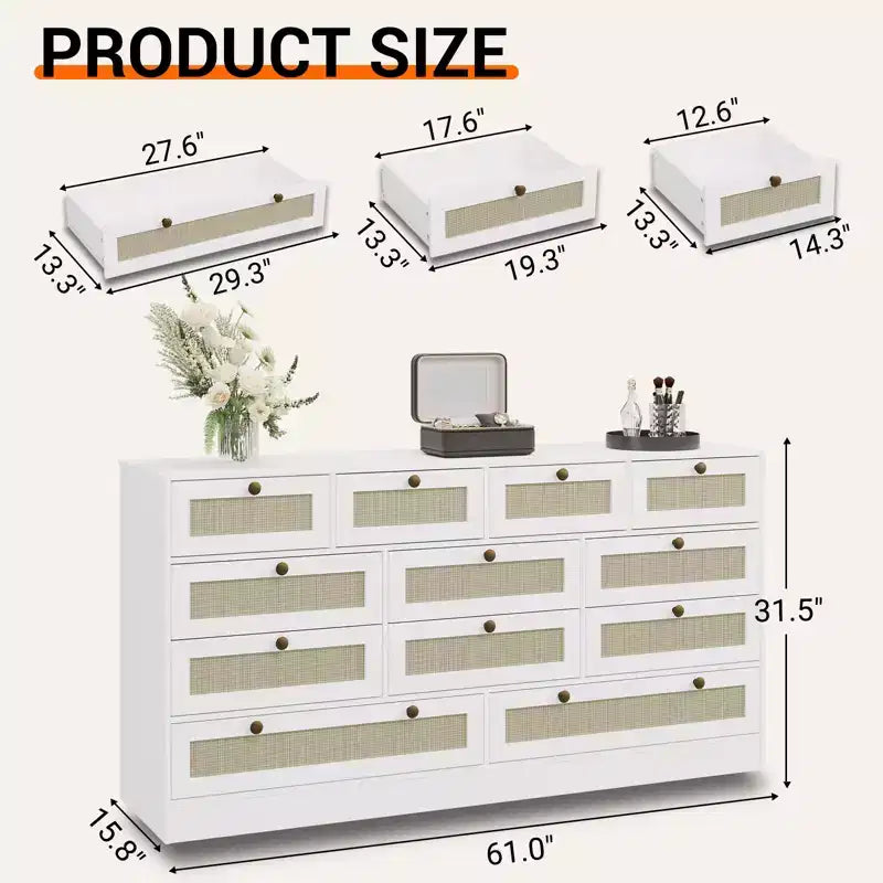 Modern 12 Drawer Sturdy Wood Dresser, TV Stand for 65 TV, Large Storage Cabinet, for Living Room, Hallway