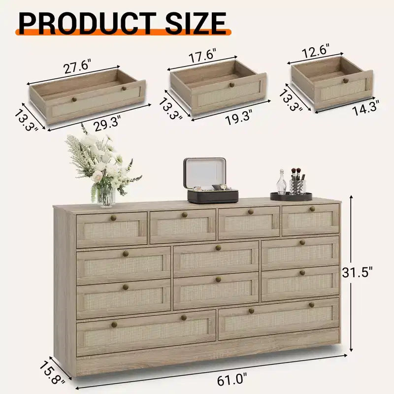 Modern 12 Drawer Sturdy Wood Dresser, TV Stand for 65 TV, Large Storage Cabinet, for Living Room, Hallway