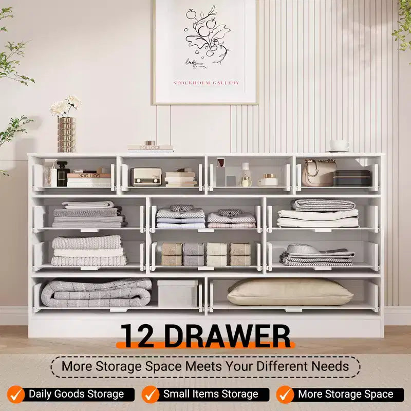 Modern 12 Drawer Sturdy Wood Dresser, TV Stand for 65 TV, Large Storage Cabinet, for Living Room, Hallway