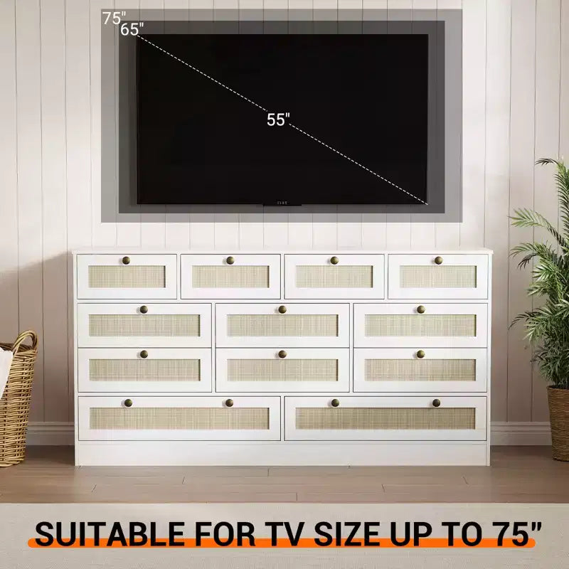 Modern 12 Drawer Sturdy Wood Dresser, TV Stand for 65 TV, Large Storage Cabinet, for Living Room, Hallway
