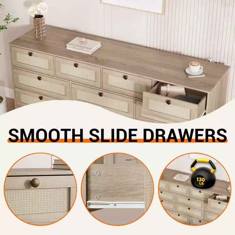Modern 12 Drawer Sturdy Wood Dresser, TV Stand for 65 TV, Large Storage Cabinet, for Living Room, Hallway