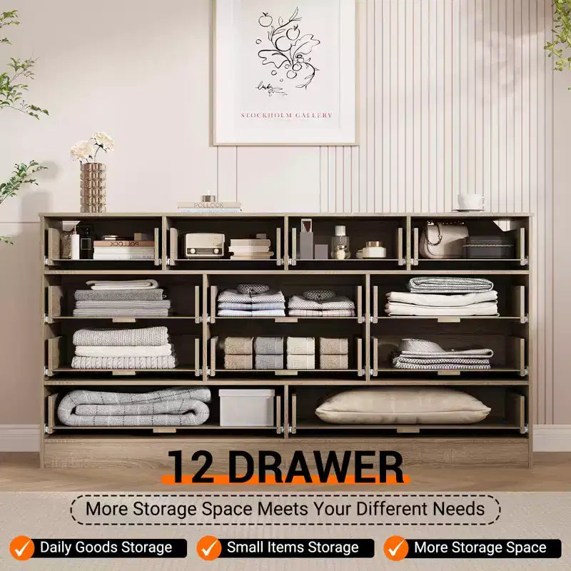 Modern 12 Drawer Sturdy Wood Dresser, TV Stand for 65 TV, Large Storage Cabinet, for Living Room, Hallway