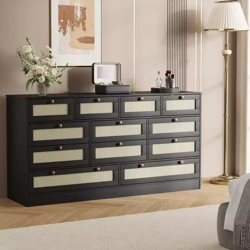 Modern 12 Drawer Sturdy Wood Dresser, TV Stand for 65 TV, Large Storage Cabinet, for Living Room, Hallway