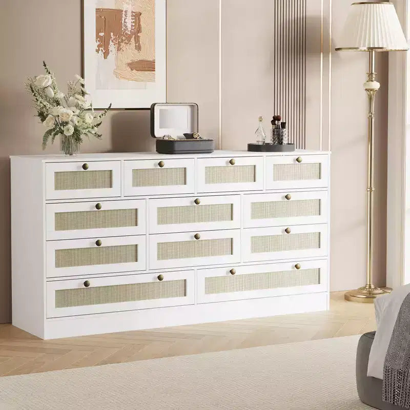 Modern 12 Drawer Sturdy Wood Dresser, TV Stand for 65 TV, Large Storage Cabinet, for Living Room, Hallway