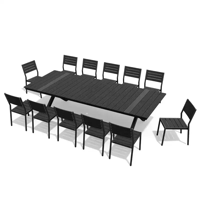 Ensemble de salle à manger d'extérieur 13 pièces extra-large, pieds en croix, chaises empilables, table aspect bois avec trou pour parasol