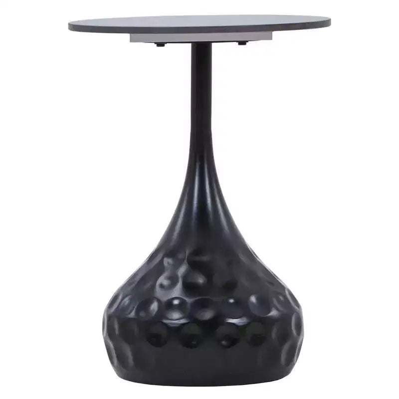 15" Round Sintered Stone Side Table, Hammered Metal Pedestal Accent End Table
