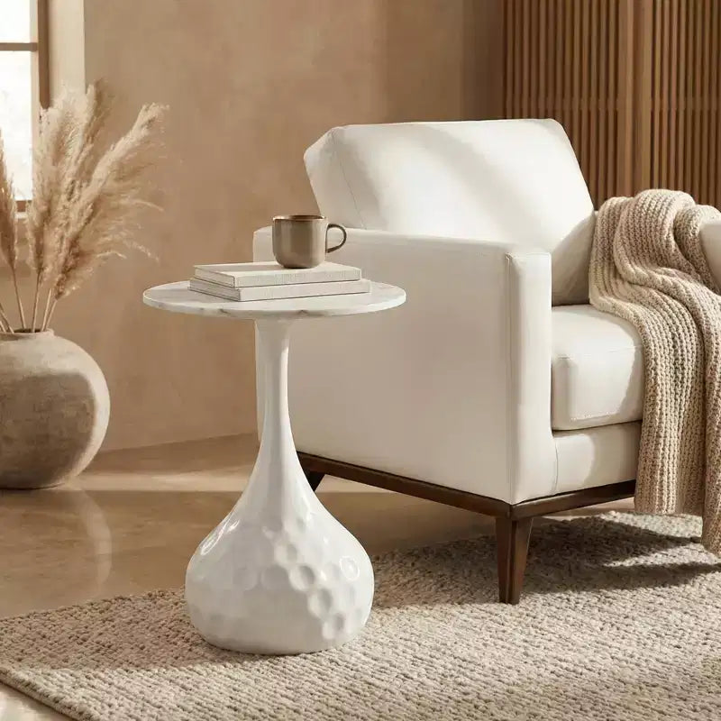 15" Round Sintered Stone Side Table, Hammered Metal Pedestal Accent End Table