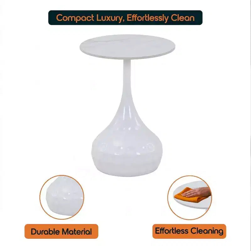 15" Round Sintered Stone Side Table, Hammered Metal Pedestal Accent End Table