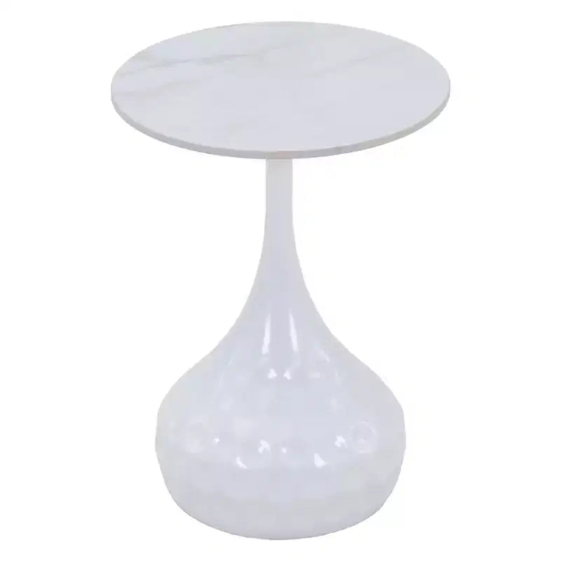 15" Round Sintered Stone Side Table, Hammered Metal Pedestal Accent End Table