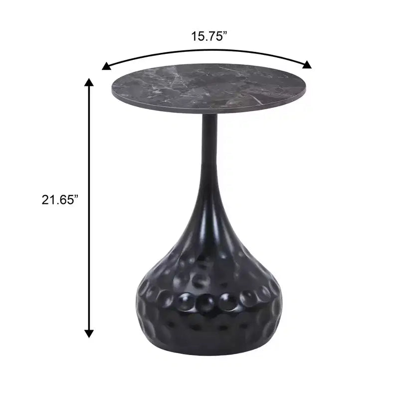 15" Round Sintered Stone Side Table, Hammered Metal Pedestal Accent End Table