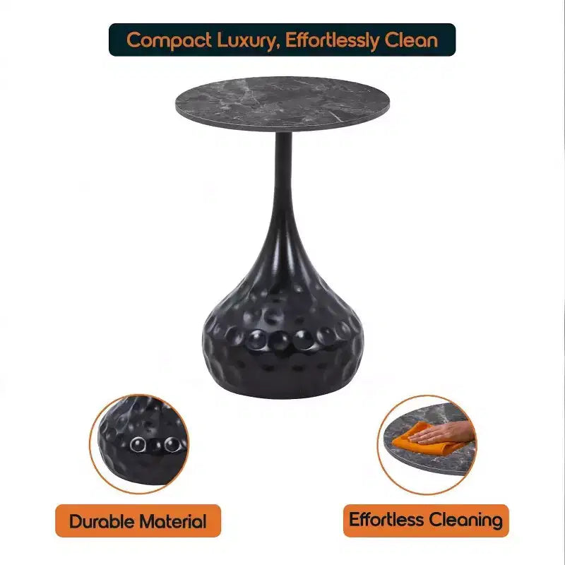 15" Round Sintered Stone Side Table, Hammered Metal Pedestal Accent End Table