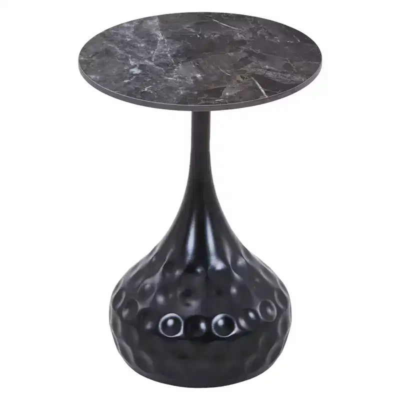 15" Round Sintered Stone Side Table, Hammered Metal Pedestal Accent End Table