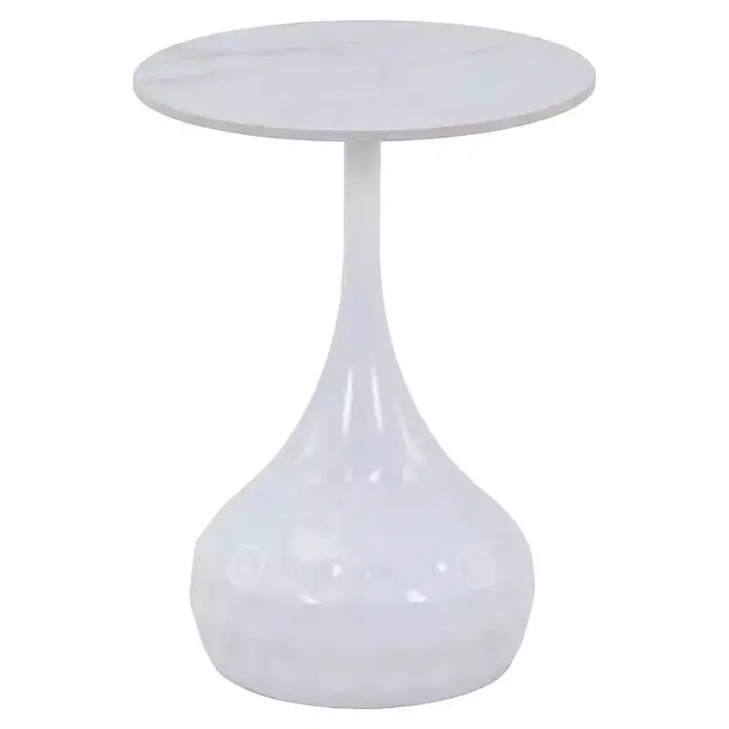 15" Round Sintered Stone Side Table, Hammered Metal Pedestal Accent End Table