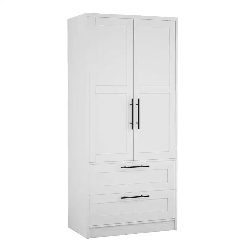 Wooden Armoire Wardrobe with 2 Drawers, Freestanding Closet Cabinet with Shelves, White