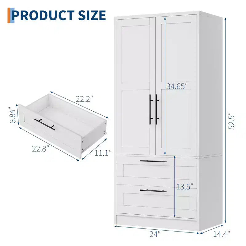 Wooden Armoire Wardrobe with 2 Drawers, Freestanding Closet Cabinet with Shelves, White