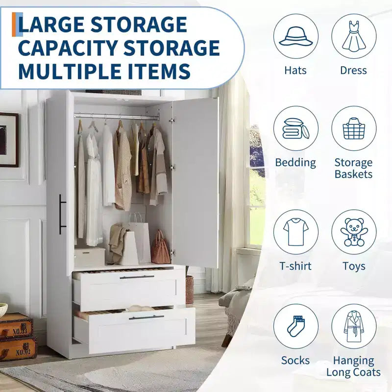 Wooden Armoire Wardrobe with 2 Drawers, Freestanding Closet Cabinet with Shelves, White