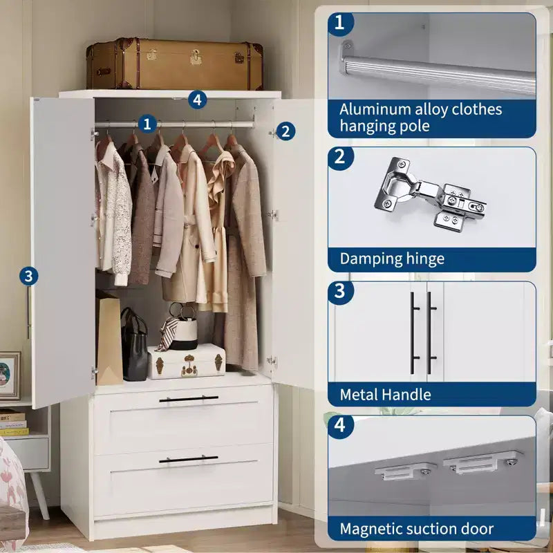 Wooden Armoire Wardrobe with 2 Drawers, Freestanding Closet Cabinet with Shelves, White