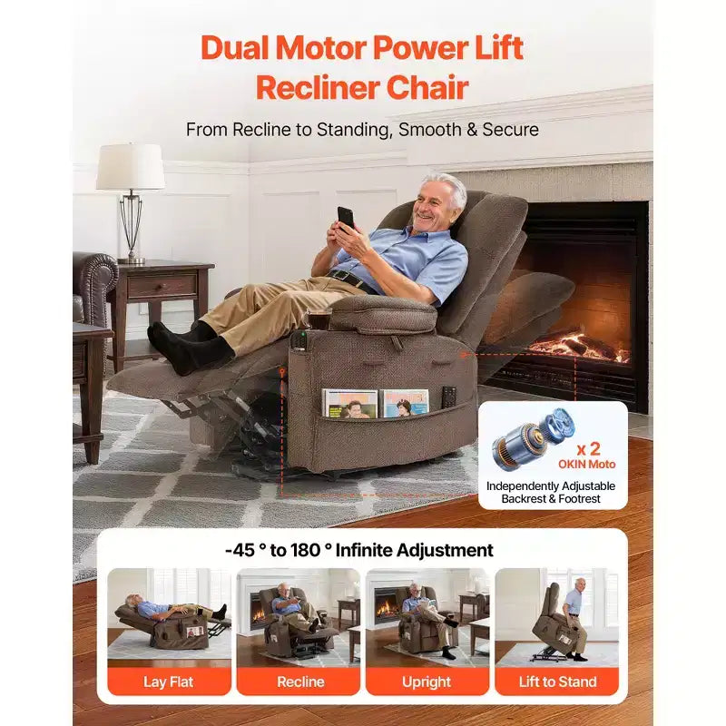 Power Lift Recliner Chair, Dual Motor, Electric Lift Chair with Heat and Massage, Infinite Position, Brown