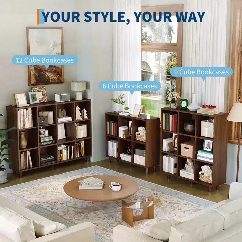 Modern 9-Cube Bookcase Organizer, Open Wood Bookshelf, Freestanding Storage Display Shelf, Space-Saving Design, for Home, Living Room, Bedroom