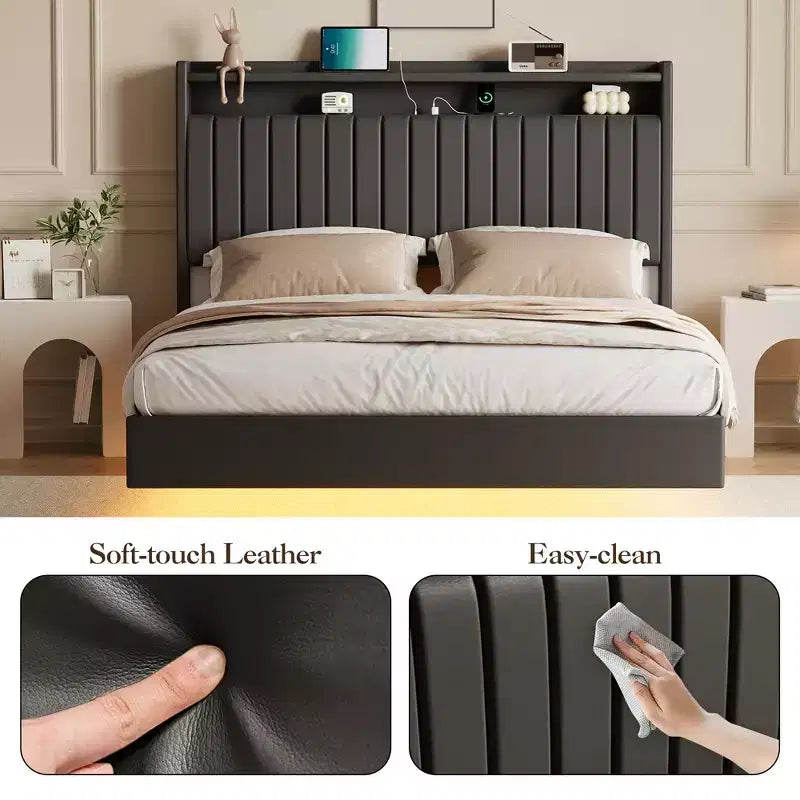 Queen Floating Platform Bed Frame with Charging Station and Storage Headboard, Black
