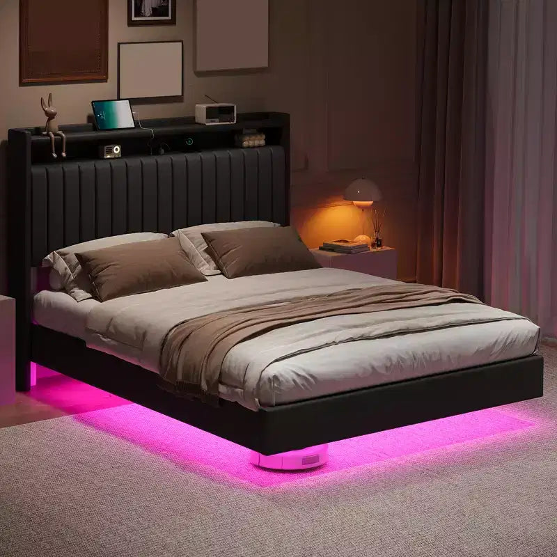 Queen Floating Platform Bed Frame with Charging Station and Storage Headboard, Black