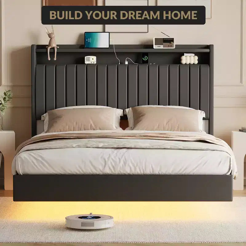 Queen Floating Platform Bed Frame with Charging Station and Storage Headboard, Black