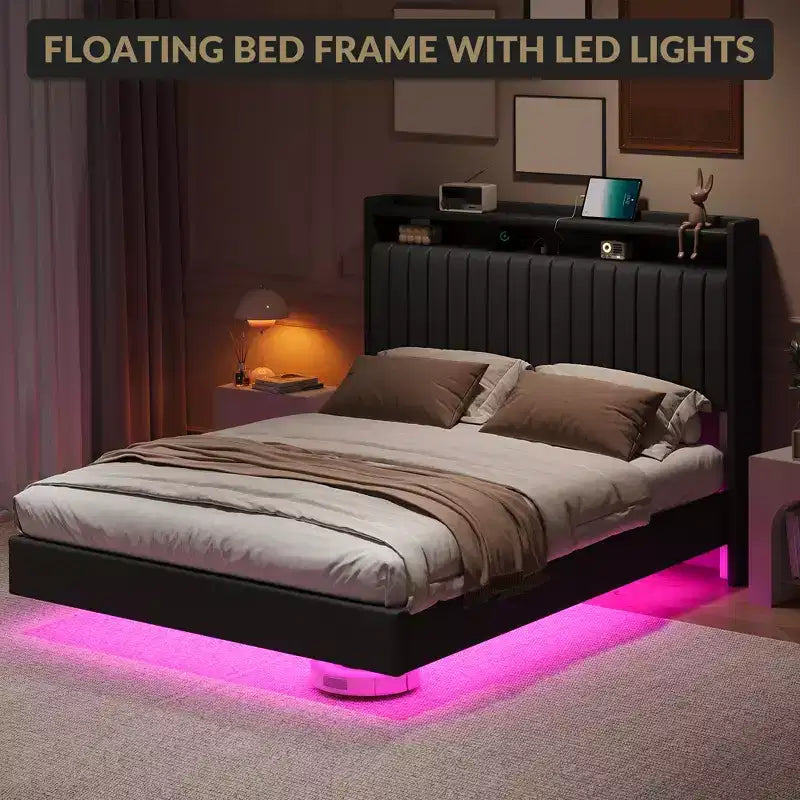 Queen Floating Platform Bed Frame with Charging Station and Storage Headboard, Black