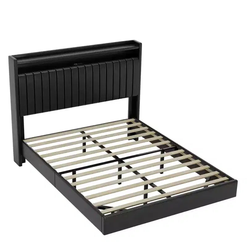 Queen Floating Platform Bed Frame with Charging Station and Storage Headboard, Black