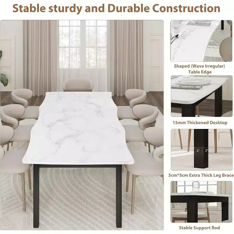 Modern Dining Table, 78.7 Large Kitchen Table for 6-8 People,Metal Frame, Unique Horizontal Wave Design, Waterproof Scratch-Resistant, for Kitchen