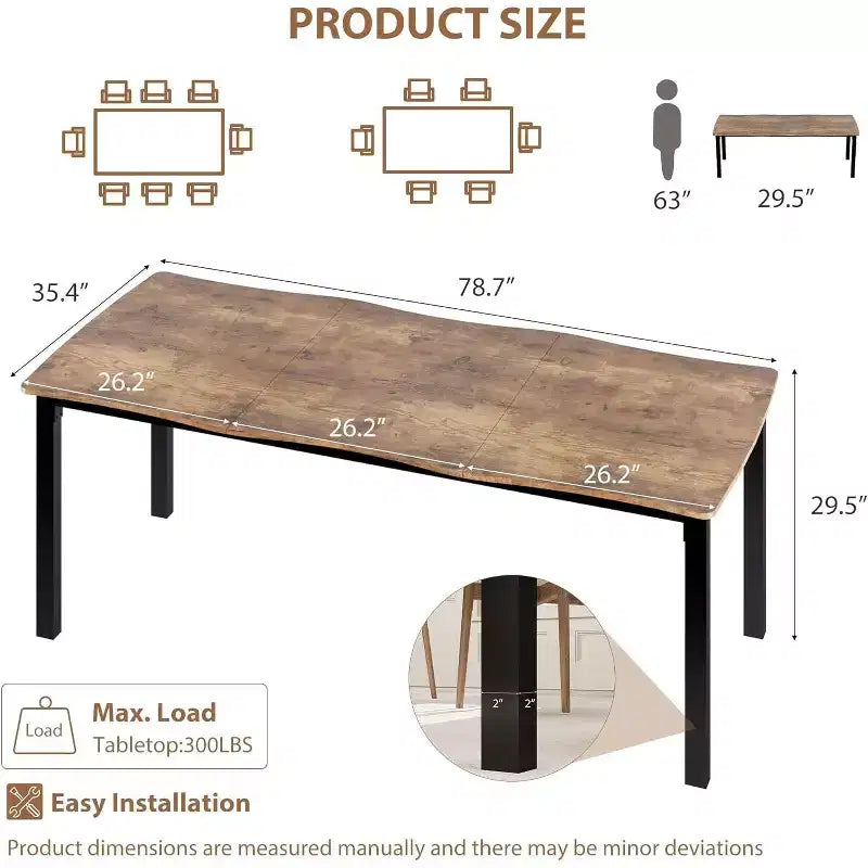 Modern Dining Table, 78.7 Large Kitchen Table for 6-8 People,Metal Frame, Unique Horizontal Wave Design, Waterproof Scratch-Resistant, for Kitchen