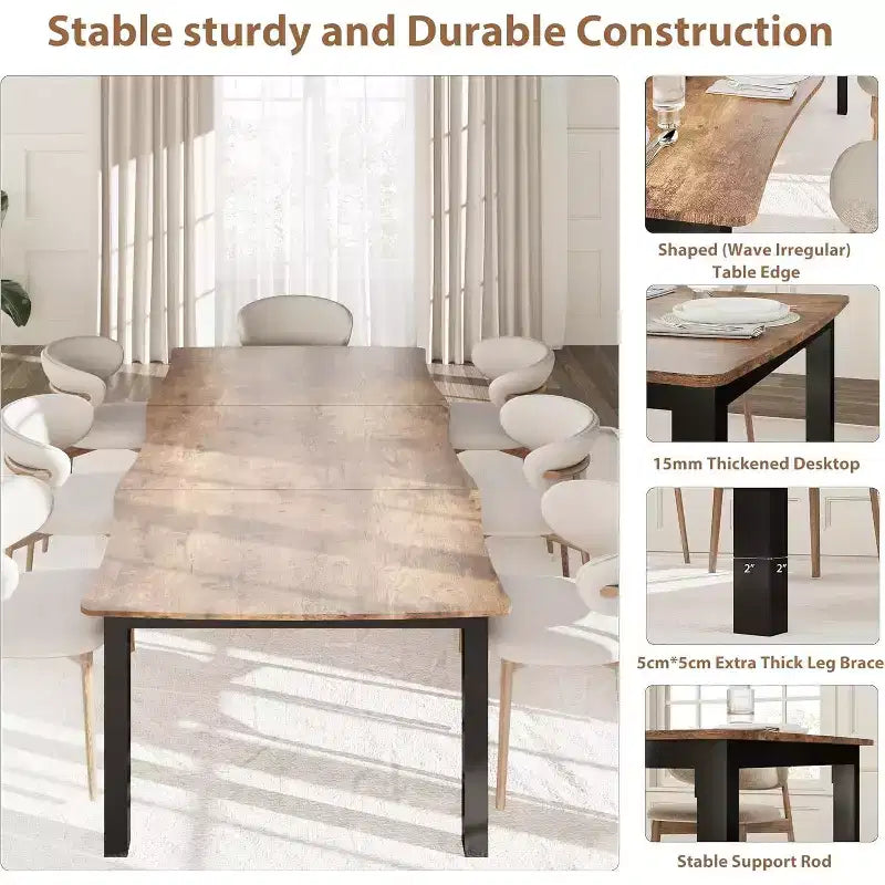 Modern Dining Table, 78.7 Large Kitchen Table for 6-8 People,Metal Frame, Unique Horizontal Wave Design, Waterproof Scratch-Resistant, for Kitchen