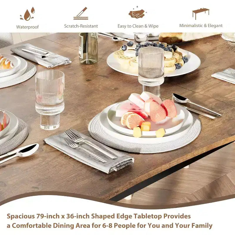 Modern Dining Table, 78.7 Large Kitchen Table for 6-8 People,Metal Frame, Unique Horizontal Wave Design, Waterproof Scratch-Resistant, for Kitchen