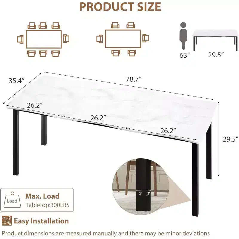 Modern Dining Table, 78.7 Large Kitchen Table for 6-8 People,Metal Frame, Unique Horizontal Wave Design, Waterproof Scratch-Resistant, for Kitchen