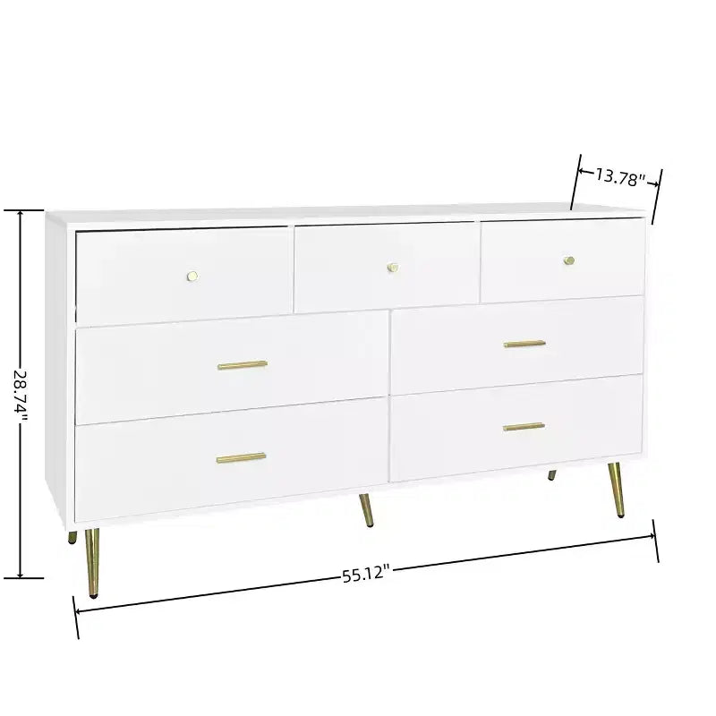 Seven Drawers Large Chest Of Drawers Cabinet With Golden Handle And Golden Legs White