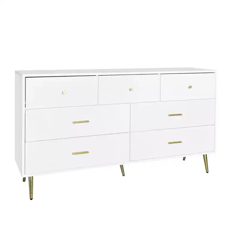 Seven Drawers Large Chest Of Drawers Cabinet With Golden Handle And Golden Legs White