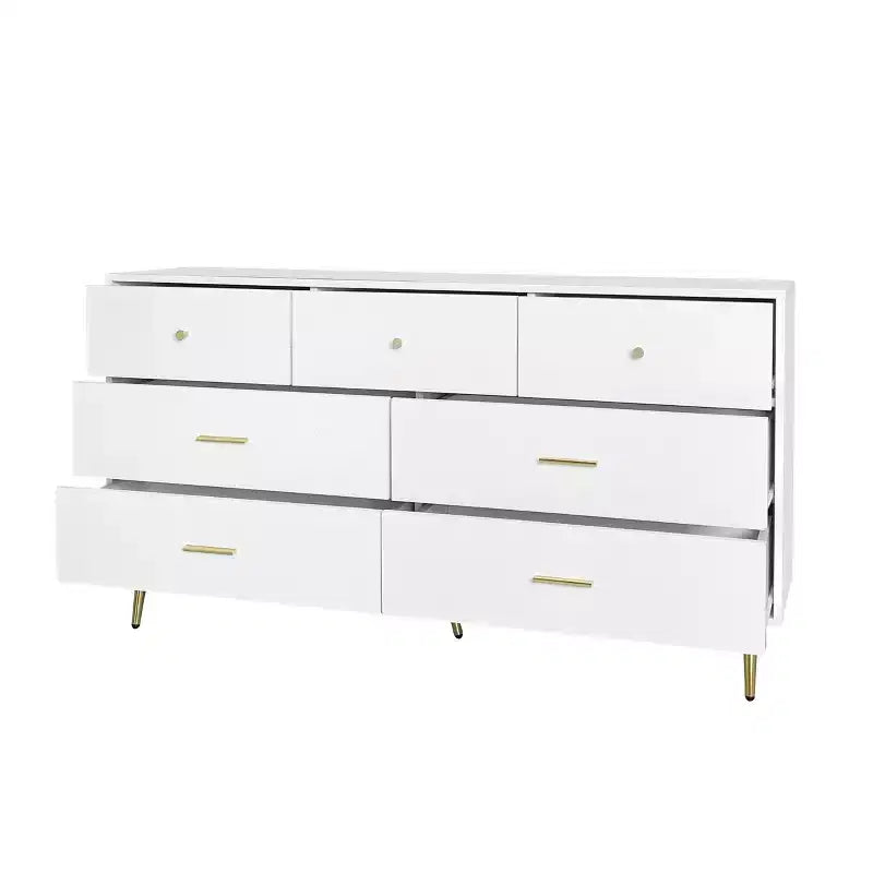 Seven Drawers Large Chest Of Drawers Cabinet With Golden Handle And Golden Legs White