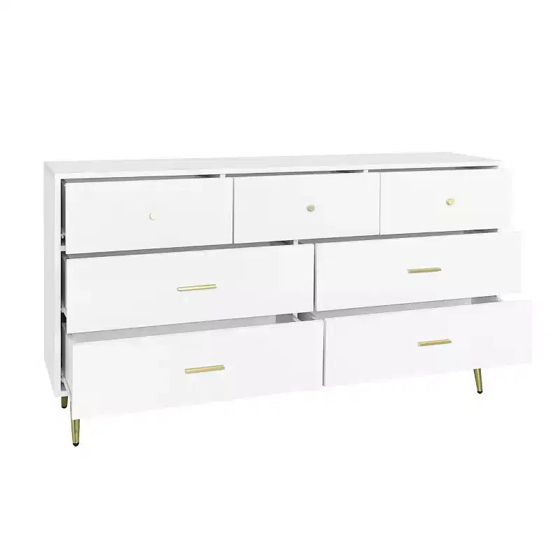 Seven Drawers Large Chest Of Drawers Cabinet With Golden Handle And Golden Legs White