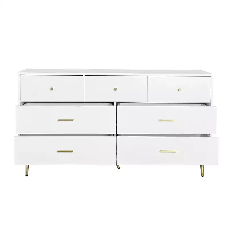 Seven Drawers Large Chest Of Drawers Cabinet With Golden Handle And Golden Legs White