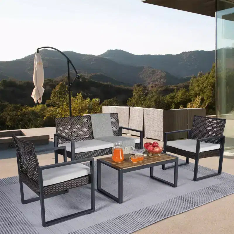 Ensemble de mobilier de jardin 4 pièces en bois d'acacia avec plateau de table, cadre en métal, coussins, pour balcon, jardin, arrière-cour, pelouse