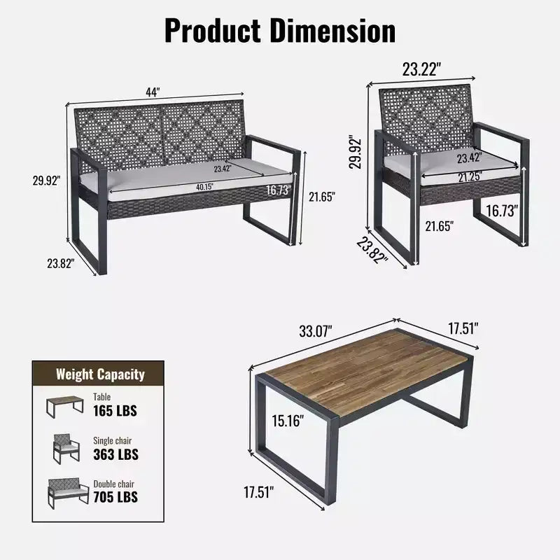 Ensemble de mobilier de jardin 4 pièces en bois d'acacia avec plateau de table, cadre en métal, coussins, pour balcon, jardin, arrière-cour, pelouse